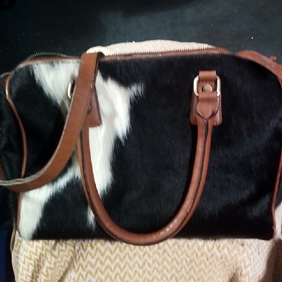 Jane Marie Handbags - Black and White Cowhide Satchel with Brown Trim